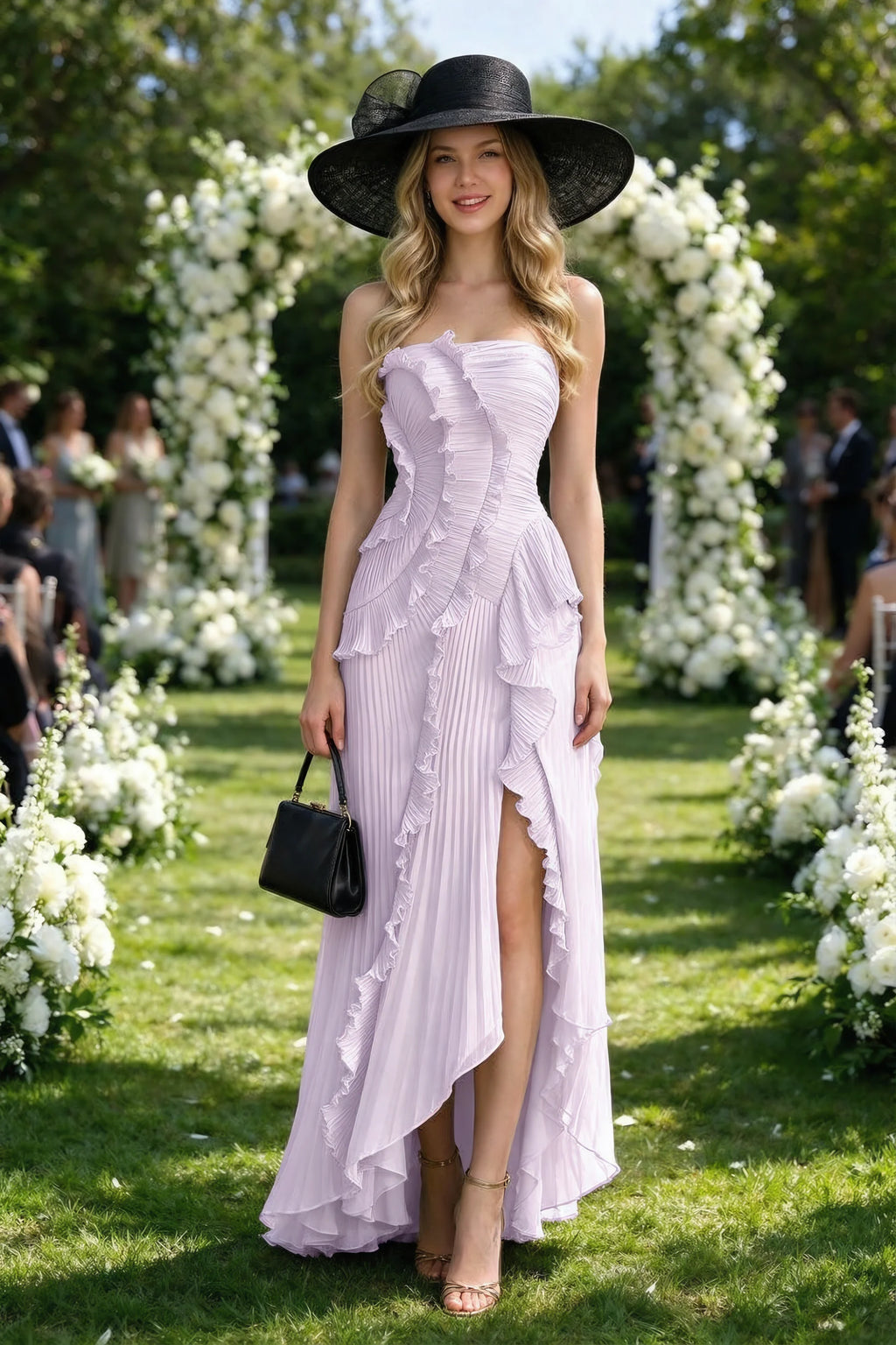 Outdoor front view of Camilla lilac dress in a garden setting, showing the strapless neckline and ruffle edges