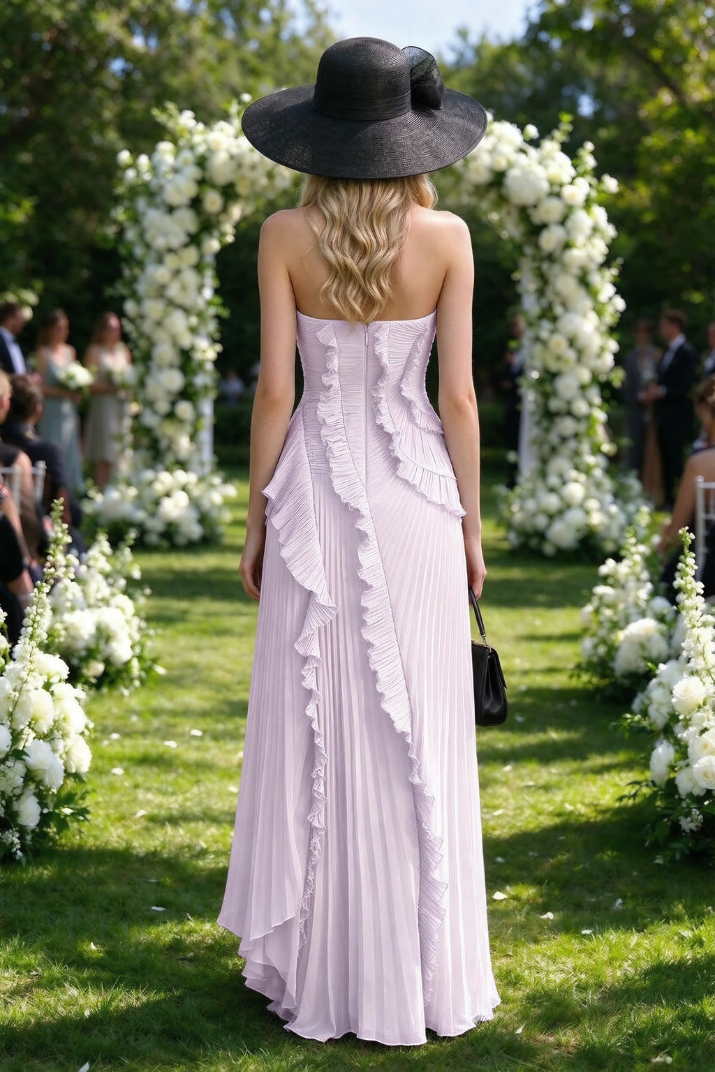 Outdoor rear view of Camilla lilac dress showing the layered ruffles and long back hem