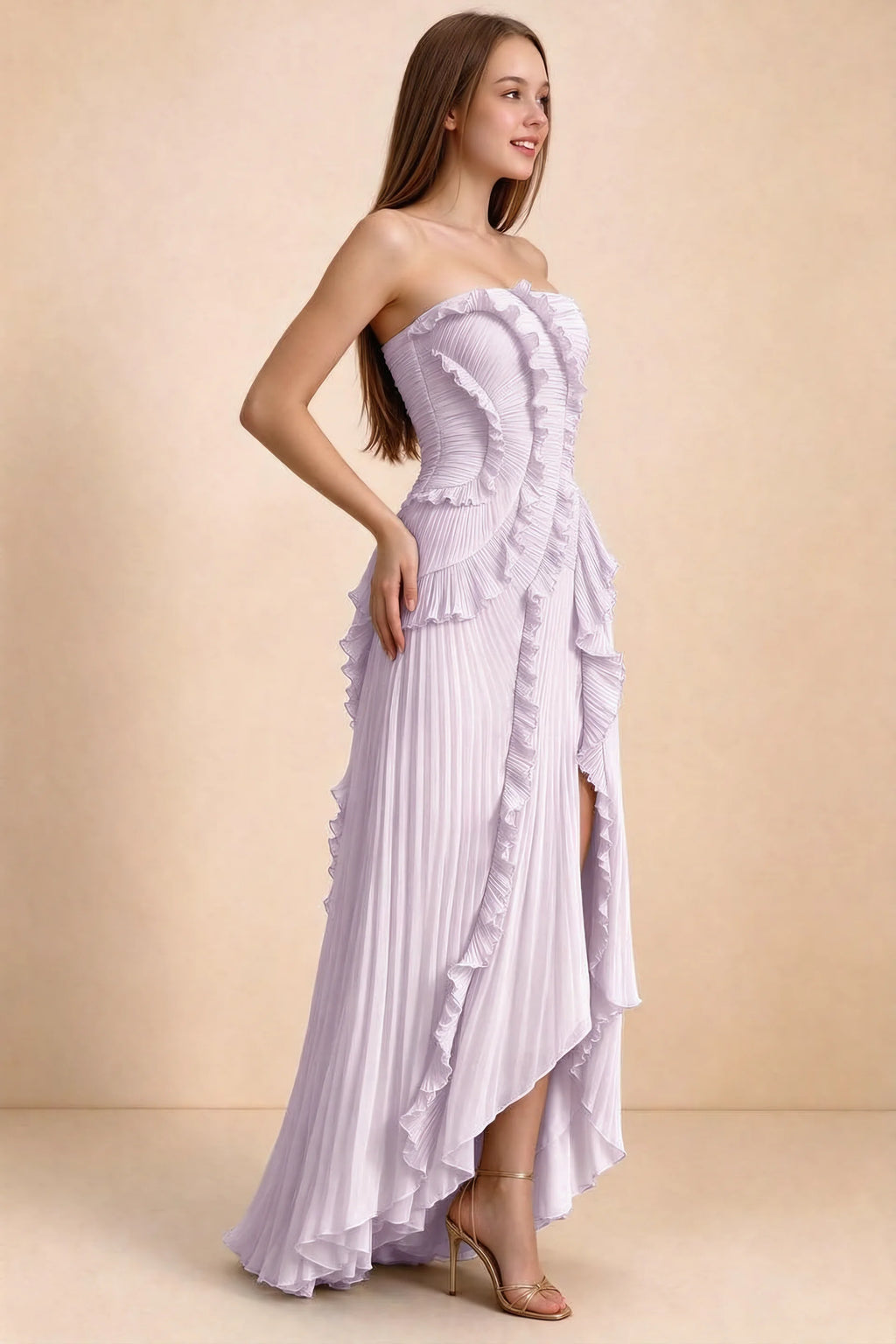 Three-quarter studio view of Camilla lilac dress showing the defined waist and asymmetric leg opening
