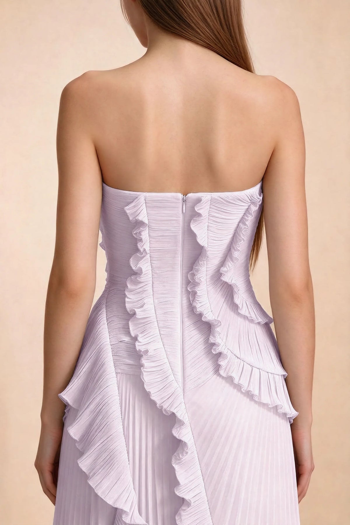 Close-up of Camilla lilac back bodice, centre-back zipper and curved ruffle edges