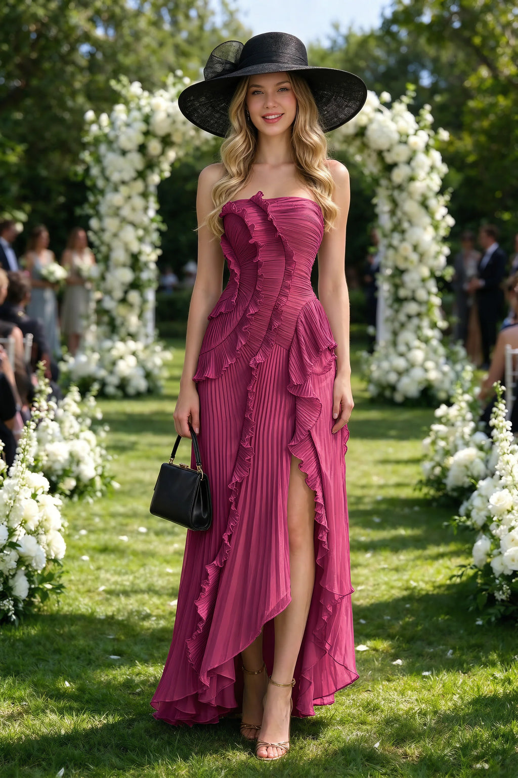 Outdoor front view of Camilla merlot dress in a garden setting, showing the strapless neckline and ruffle edges