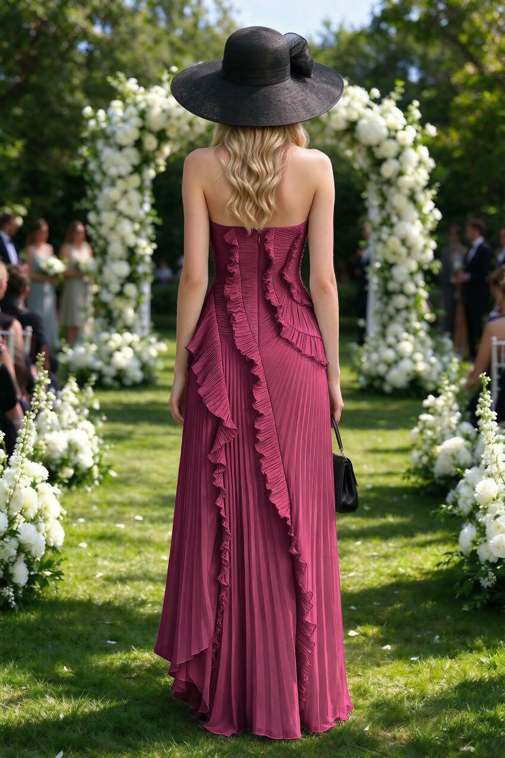 Outdoor rear view of Camilla merlot dress showing the layered ruffles and long back hem