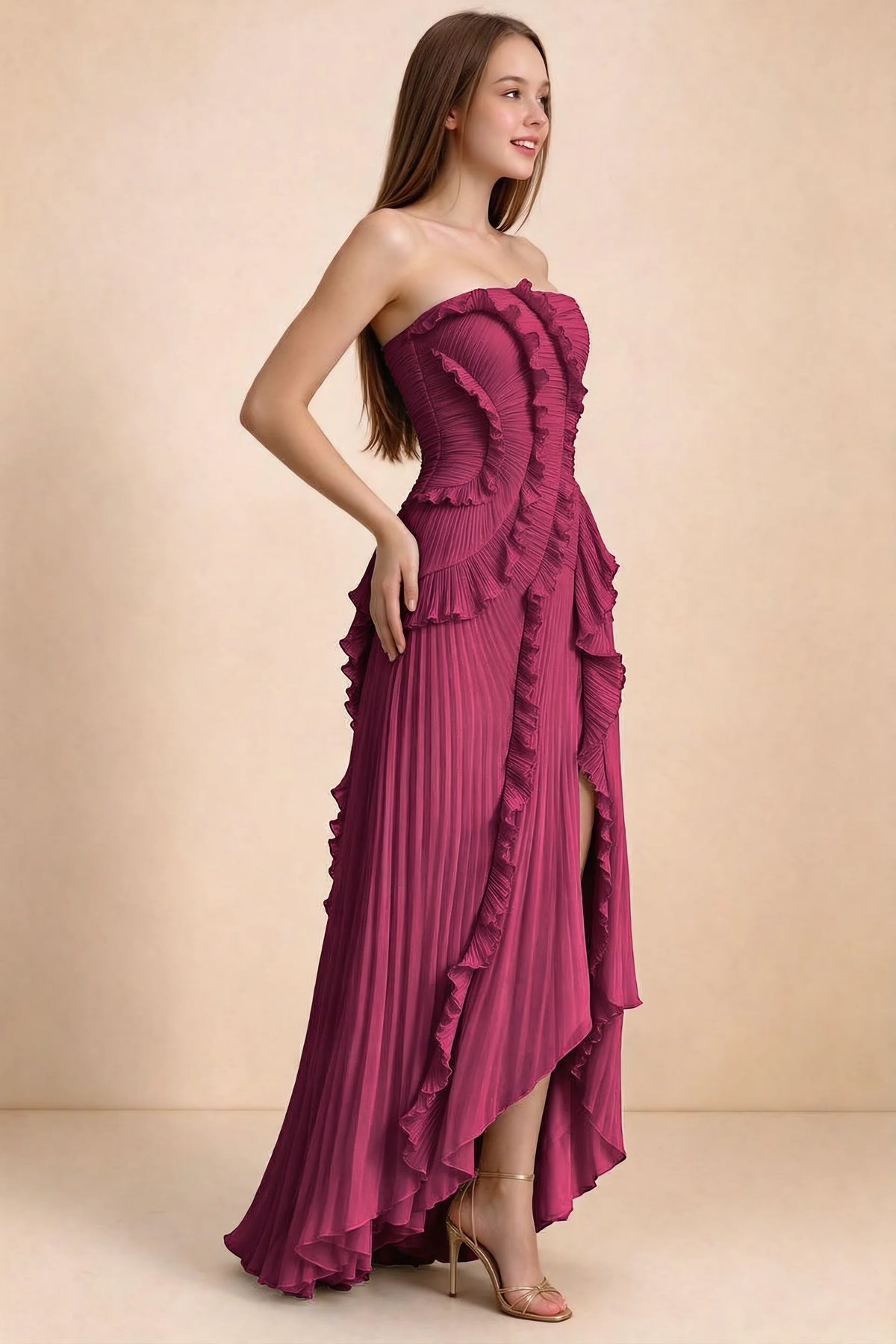 Three-quarter studio view of Camilla merlot dress showing the defined waist and asymmetric leg opening