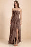 Front studio view of Camilla mocha strapless maxi dress with pleats, cascading ruffles and an asymmetric opening