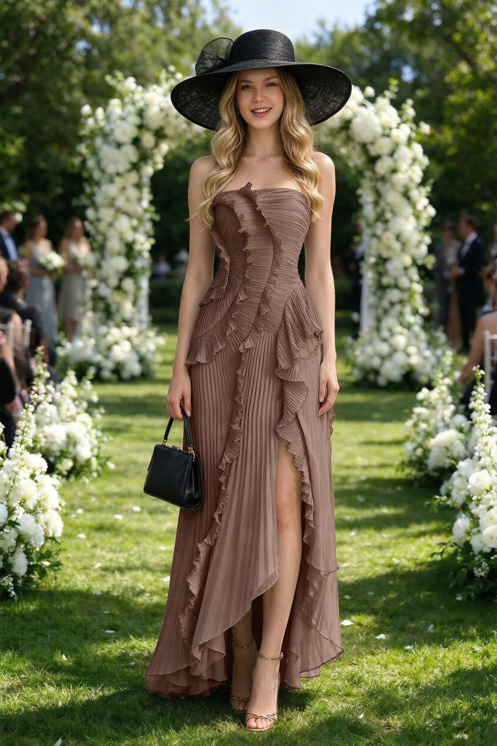 Outdoor front view of Camilla mocha dress in a garden setting, showing the strapless neckline and ruffle edges
