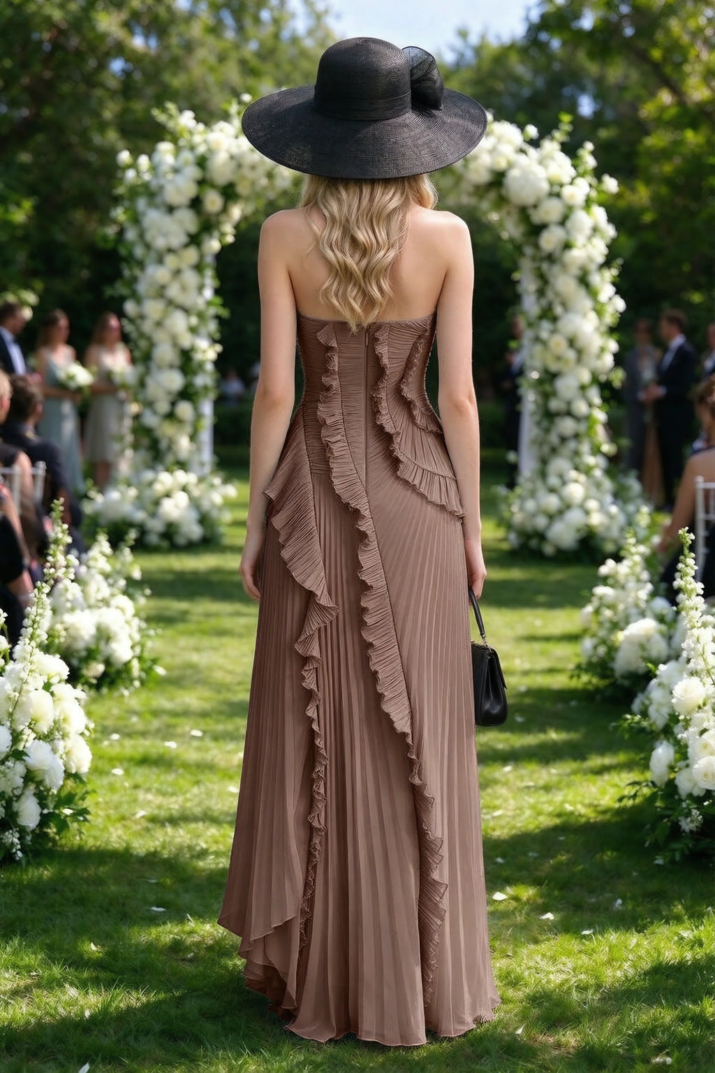 Outdoor rear view of Camilla mocha dress showing the layered ruffles and long back hem