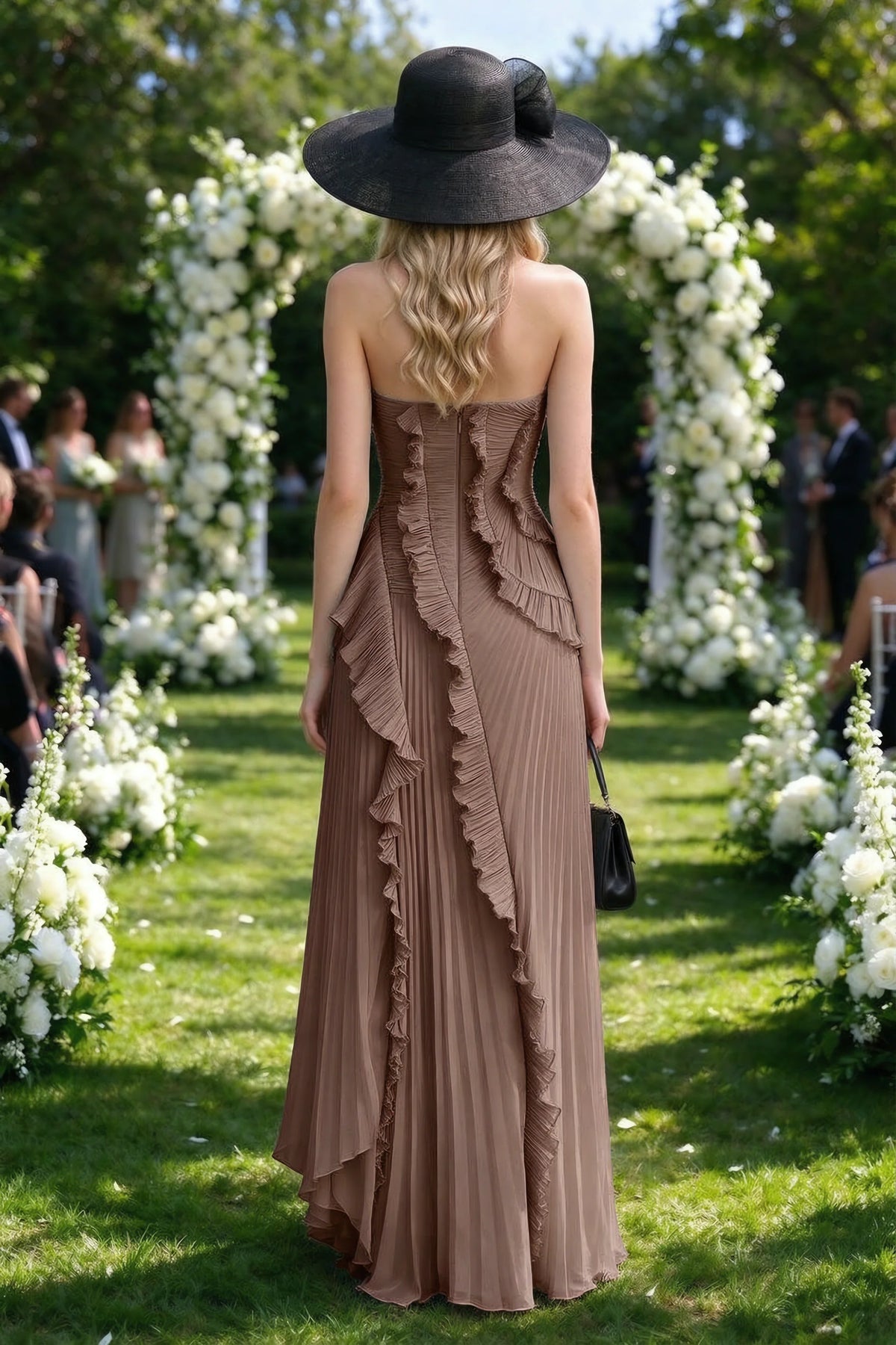 Outdoor rear view of Camilla mocha dress showing the layered ruffles and long back hem