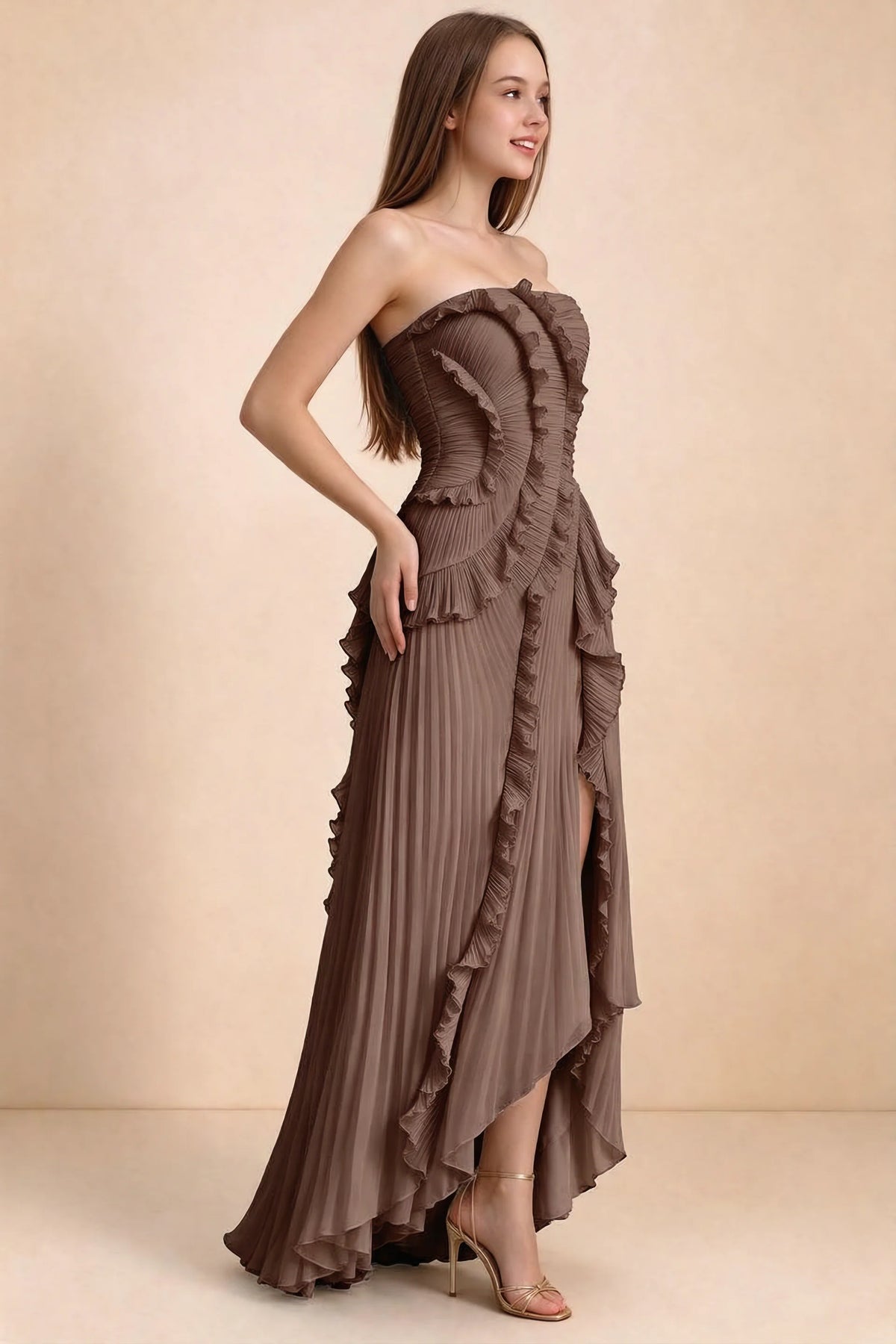 Three-quarter studio view of Camilla mocha dress showing the defined waist and asymmetric leg opening