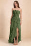 Front studio view of Camilla olive strapless maxi dress with pleats, cascading ruffles and an asymmetric opening
