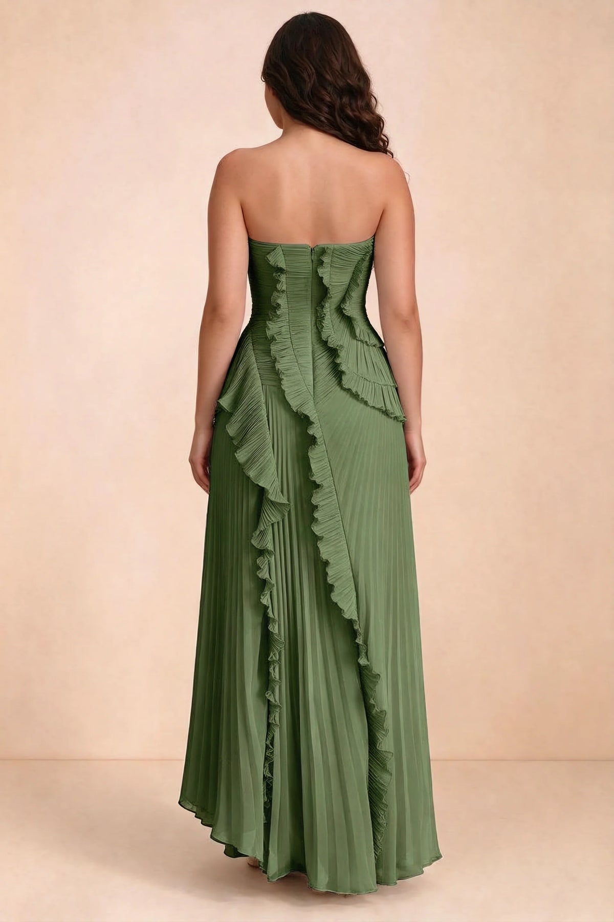 Rear studio view of Camilla olive dress on a second model, showing the ruffled back and pleated skirt