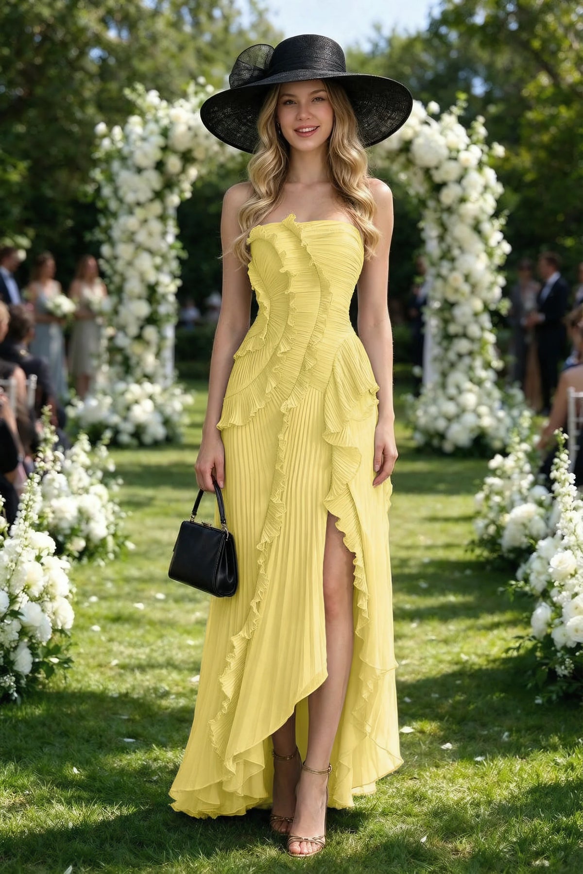 Outdoor front view of Camilla pastel yellow dress in a garden setting, showing the strapless neckline and ruffle edges