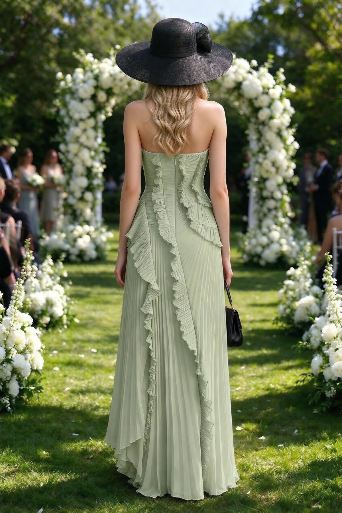 Outdoor rear view of Camilla pistachio dress showing the layered ruffles and long back hem