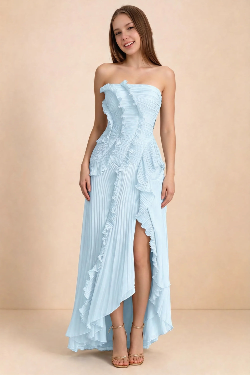 Translation missing: en.Front studio view of Camilla sky blue strapless maxi dress with pleats, cascading ruffles and an asymmetric opening content.product_image_main