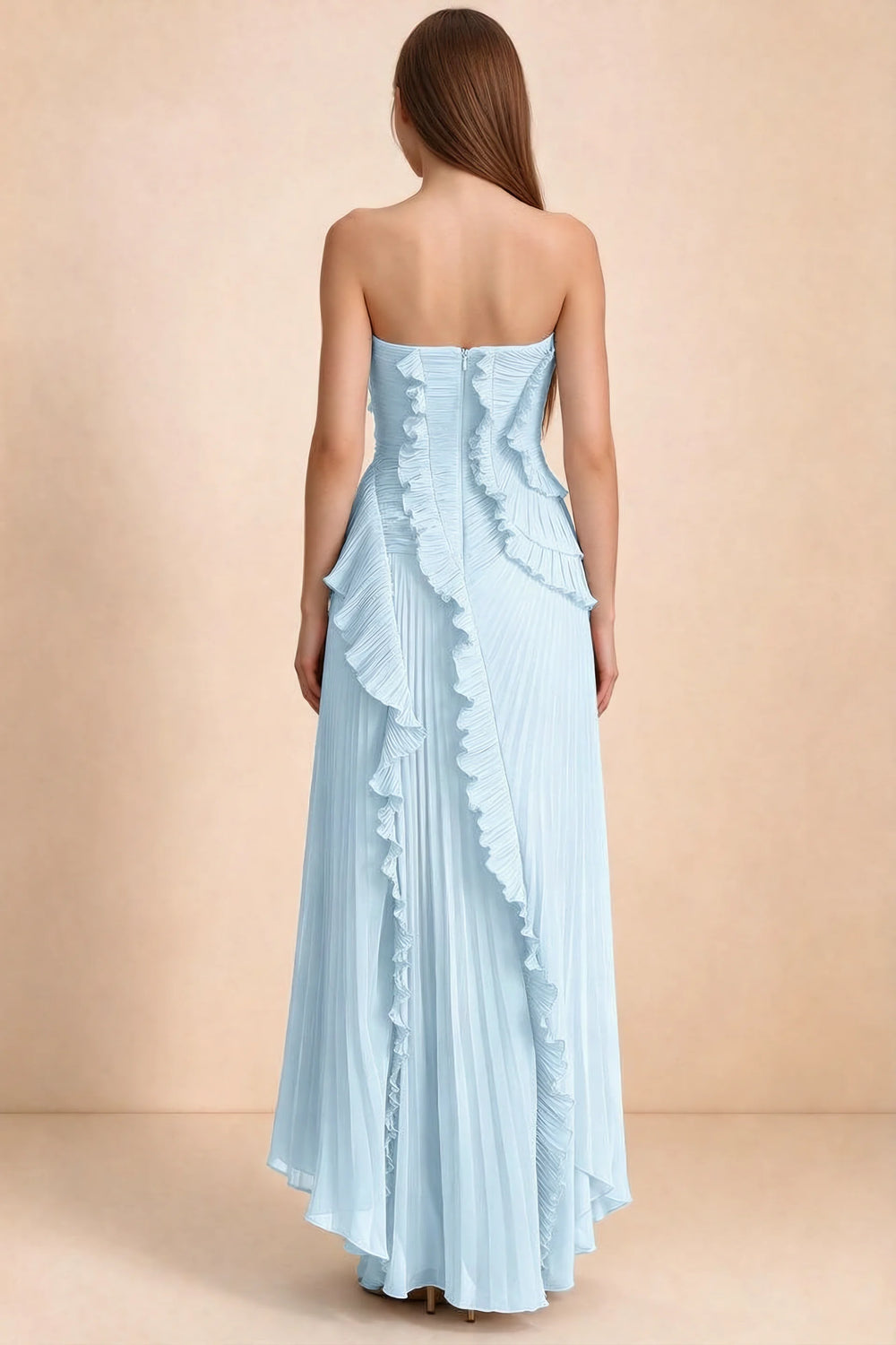 Translation missing: en.Rear studio view of Camilla sky blue dress showing curved ruffle layers and a long pleated skirt content.product_image_secondary