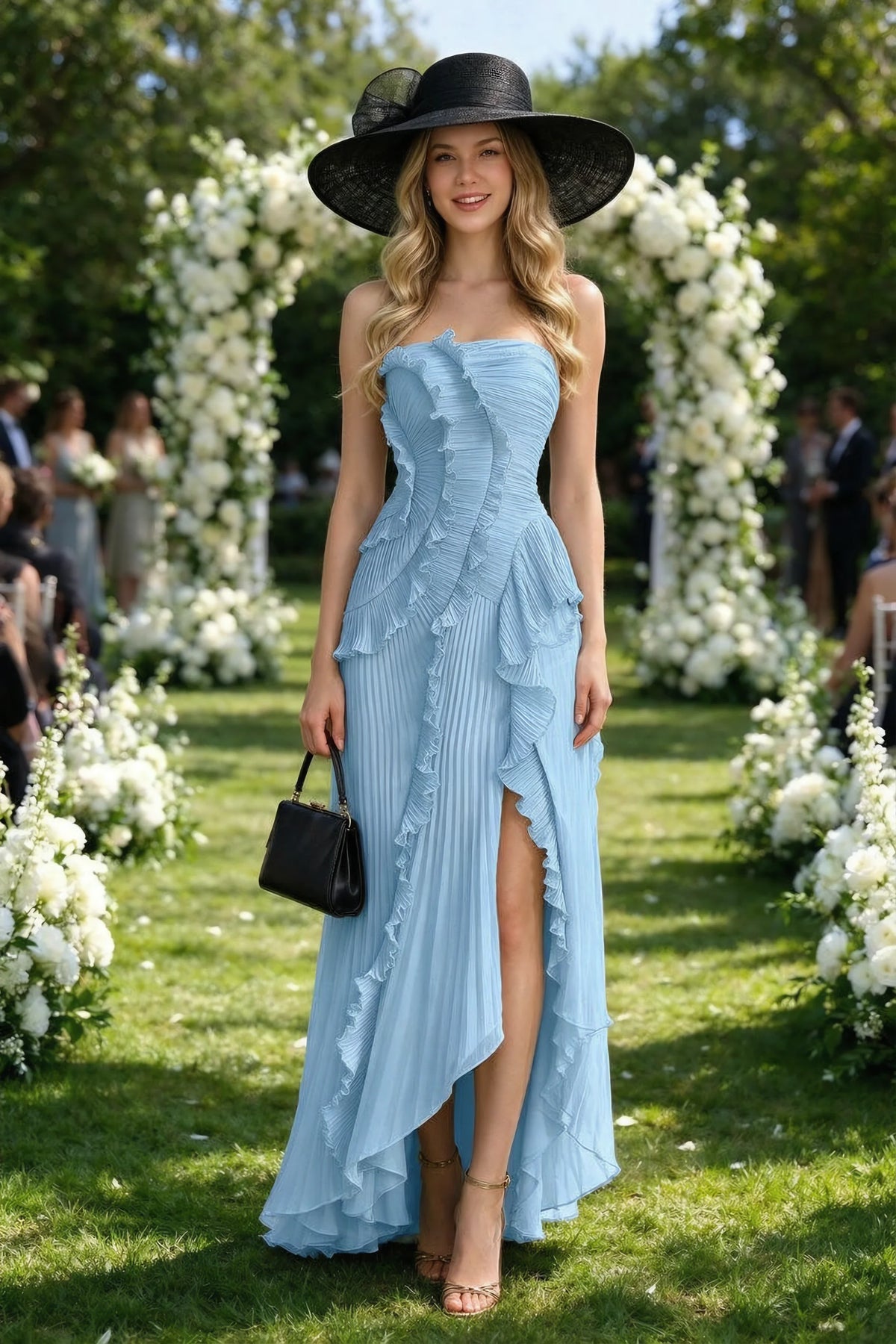 Outdoor front view of Camilla steel blue dress in a garden setting, showing the strapless neckline and ruffle edges