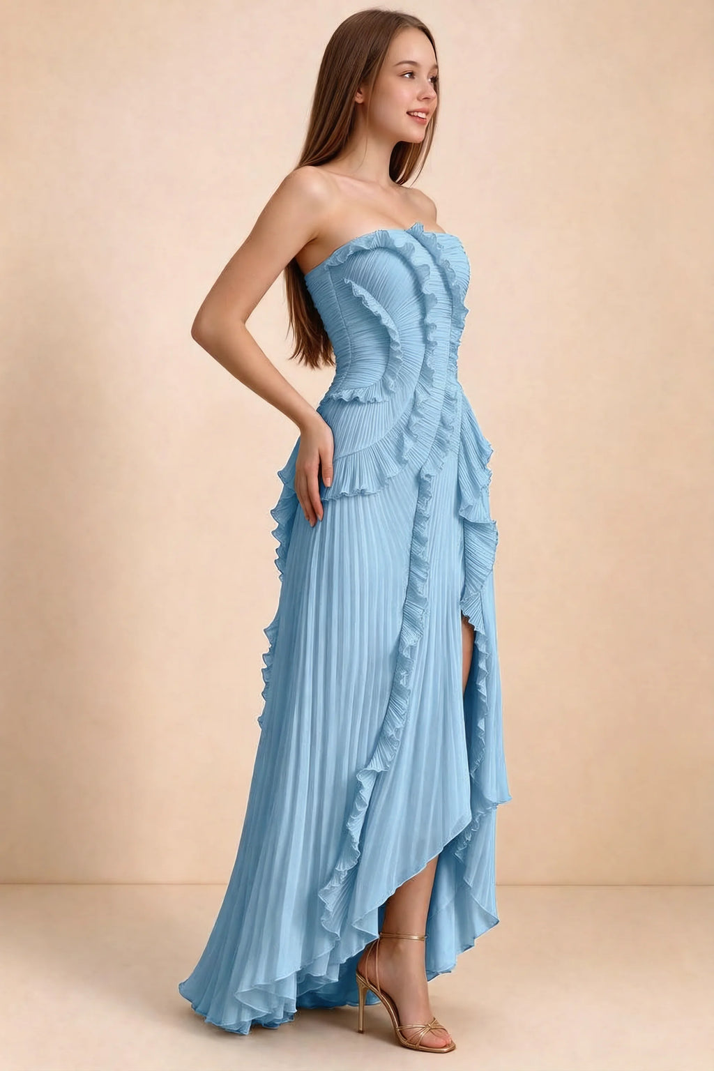 Three-quarter studio view of Camilla steel blue dress showing the defined waist and asymmetric leg opening
