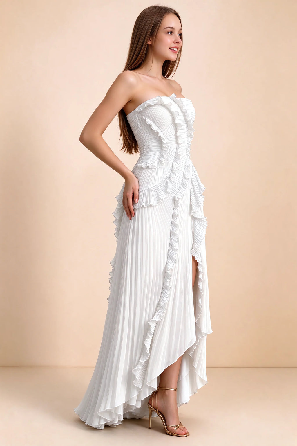 Three-quarter studio view of Camilla white dress showing the defined waist and asymmetric leg opening