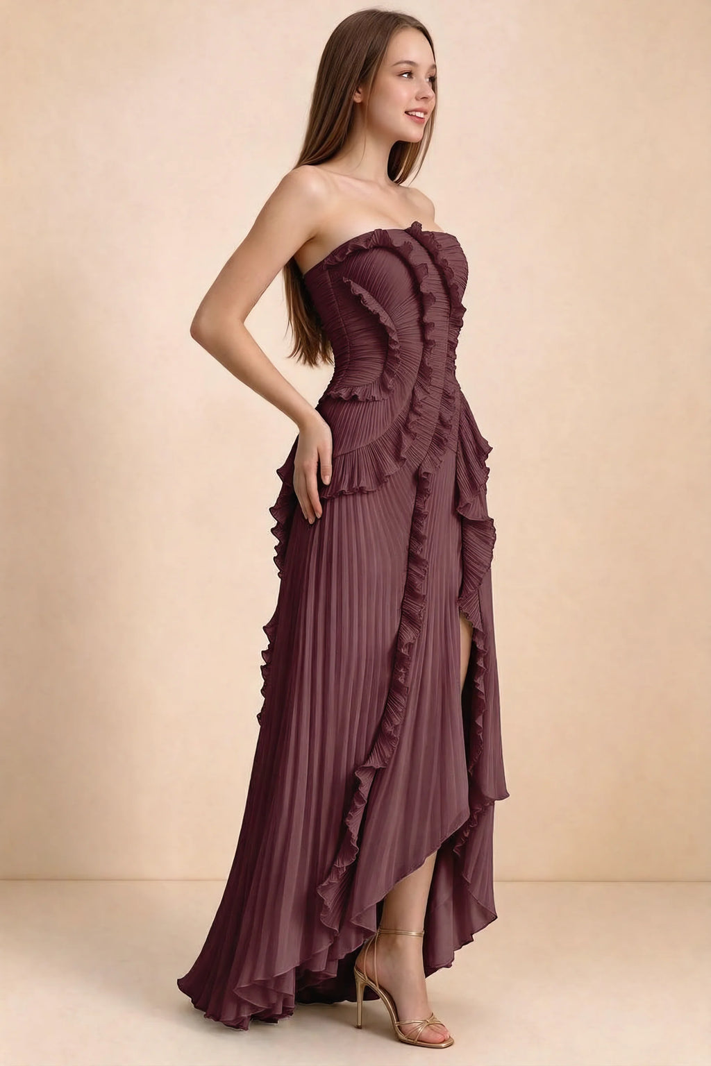 Three-quarter studio view of Camilla wine dress showing the defined waist and asymmetric leg opening