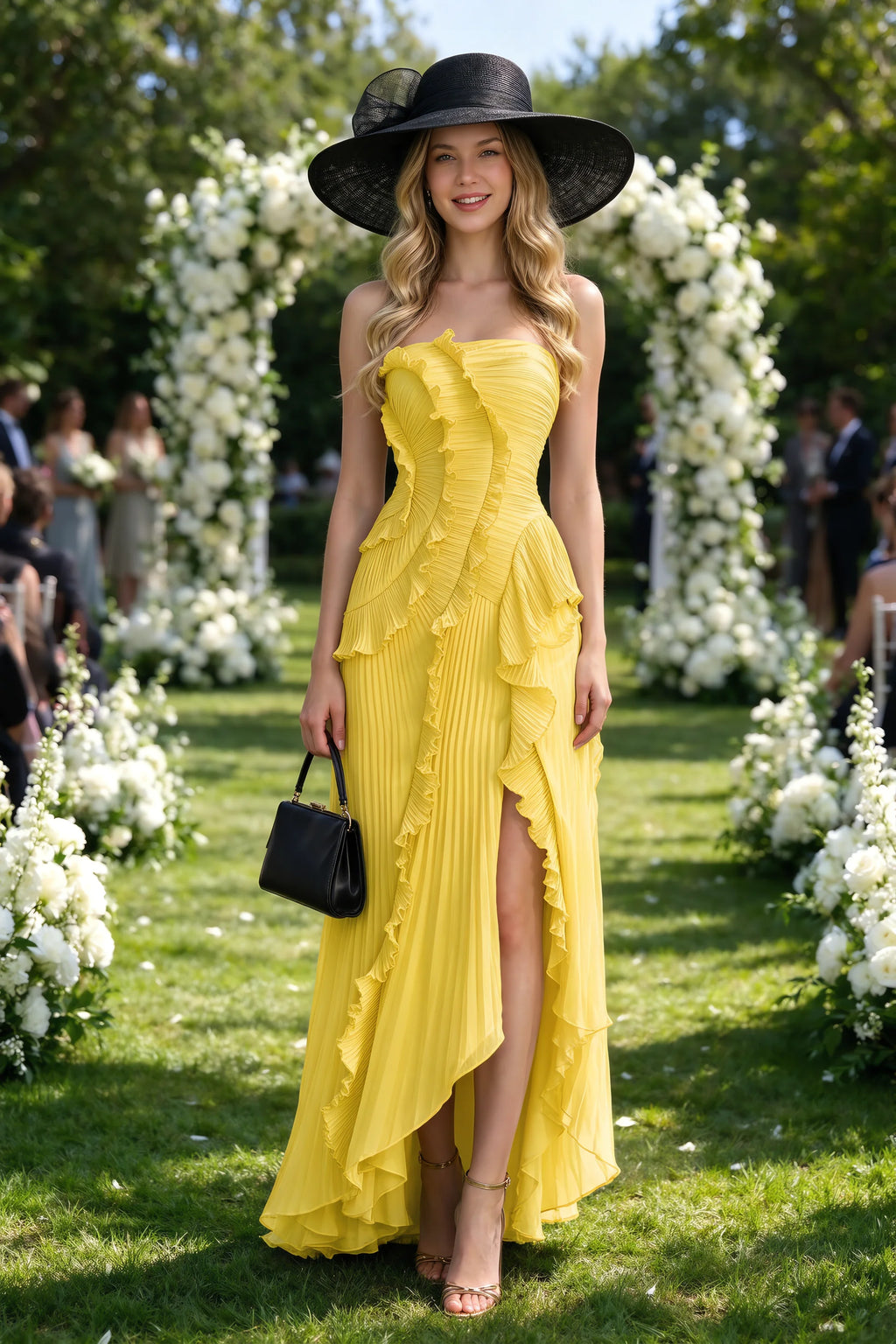 Outdoor front view of Camilla yellow dress in a garden setting, showing the strapless neckline and ruffle edges