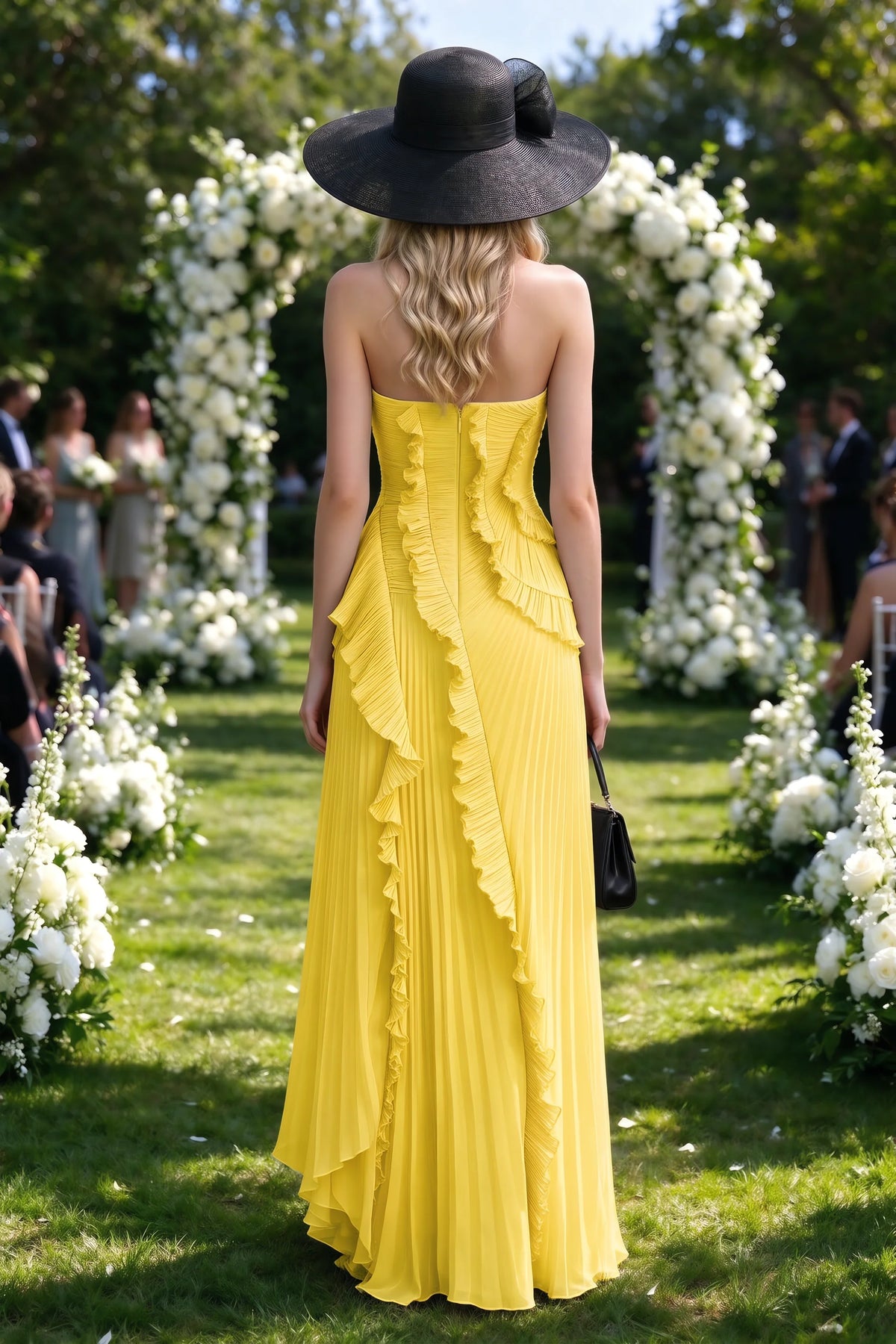 Outdoor rear view of Camilla yellow dress showing the layered ruffles and long back hem