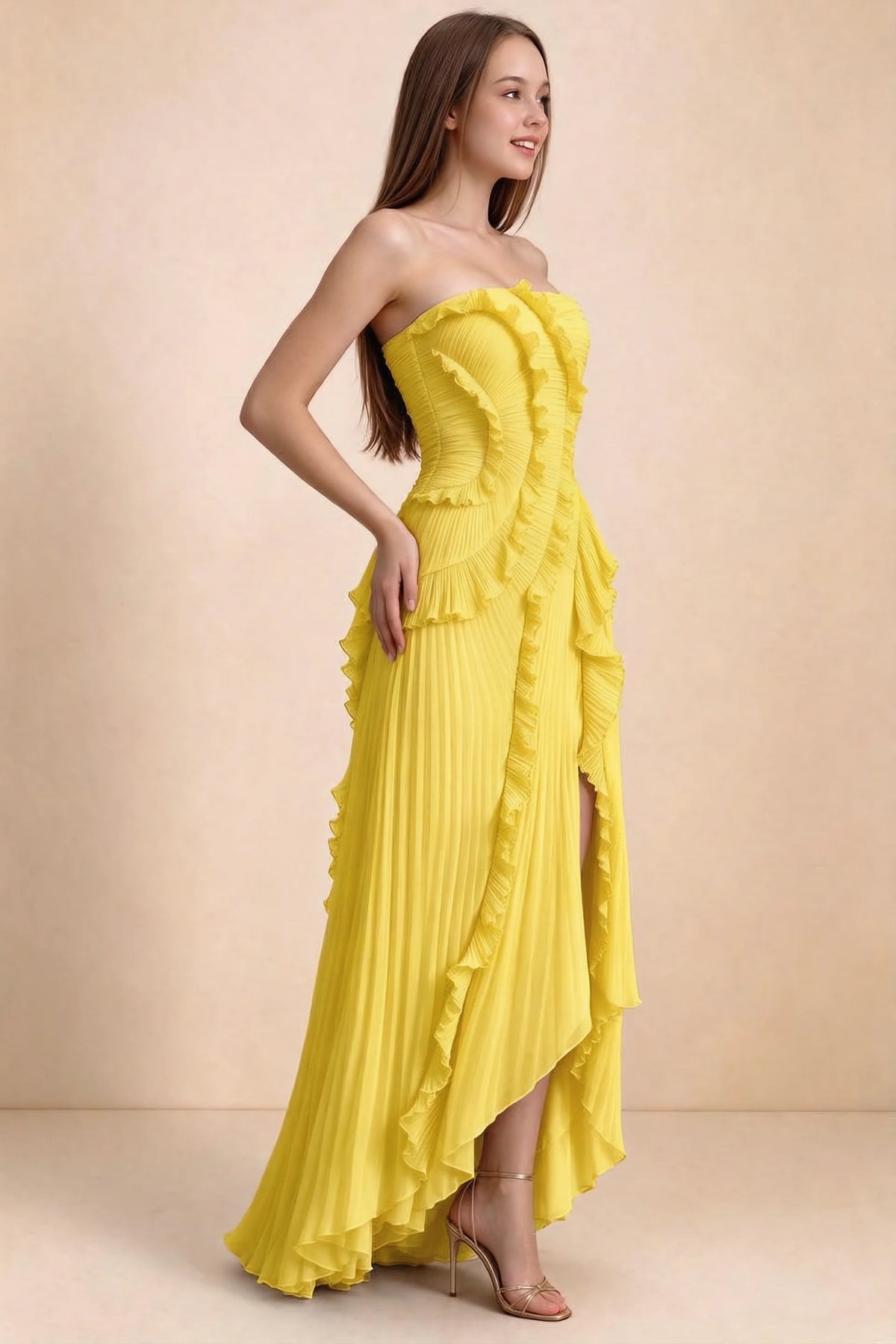 Three-quarter studio view of Camilla yellow dress showing the defined waist and asymmetric leg opening