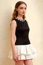 Camille Black and White Sleeveless Rhinestone Mini Dress with Ruffles