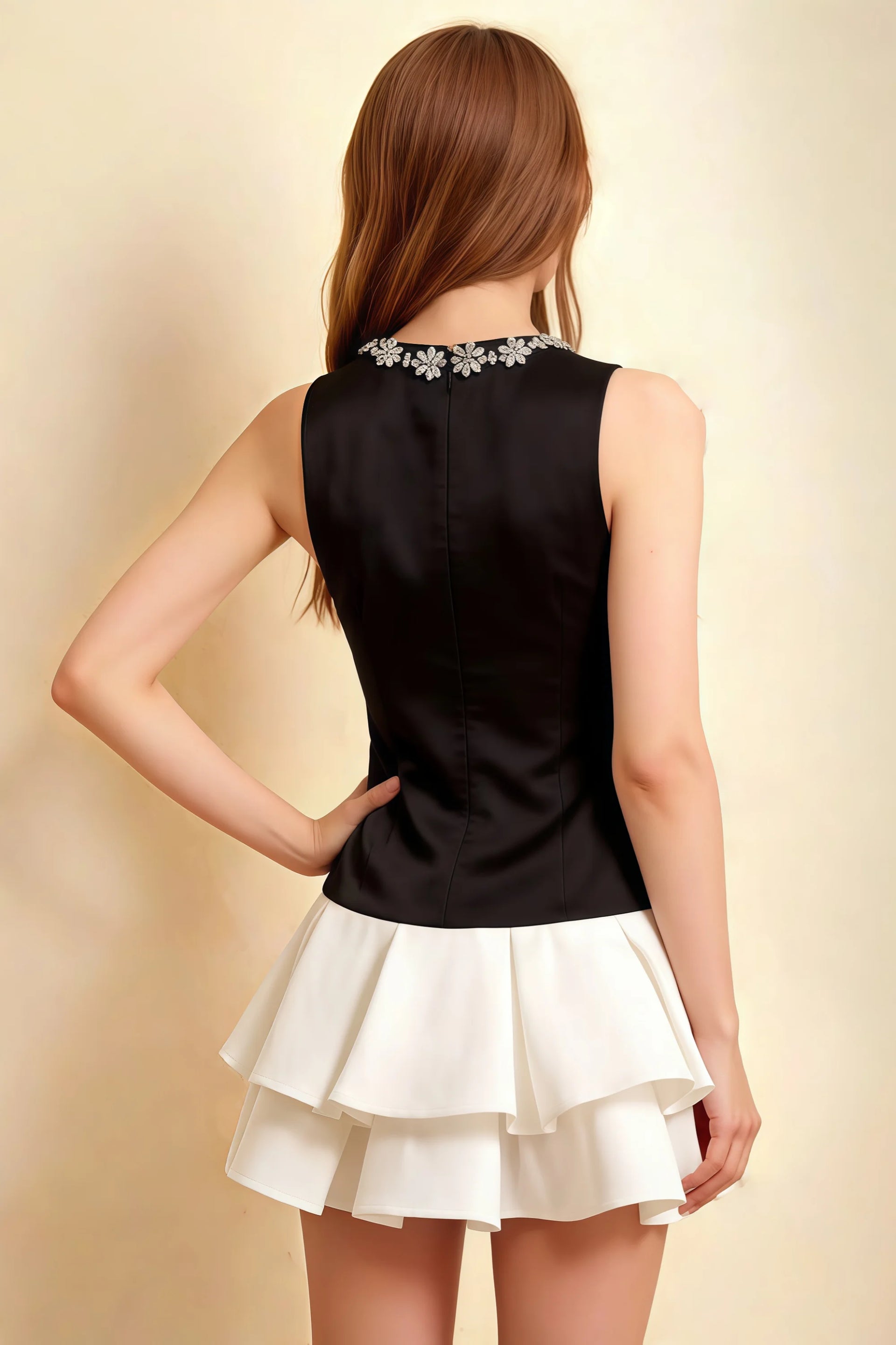 Camille Black and White Sleeveless Rhinestone Mini Dress with Ruffles