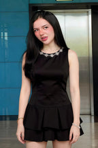 Camille Black Sleeveless Rhinestone Mini Dress with Ruffles