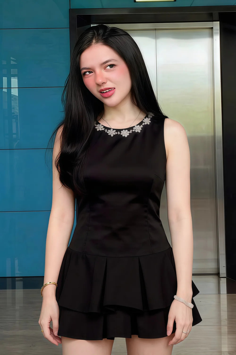 Camille Black Sleeveless Rhinestone Mini Dress with Ruffles