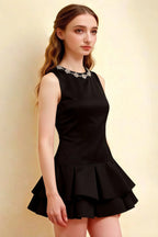 Camille Black Sleeveless Rhinestone Mini Dress with Ruffles