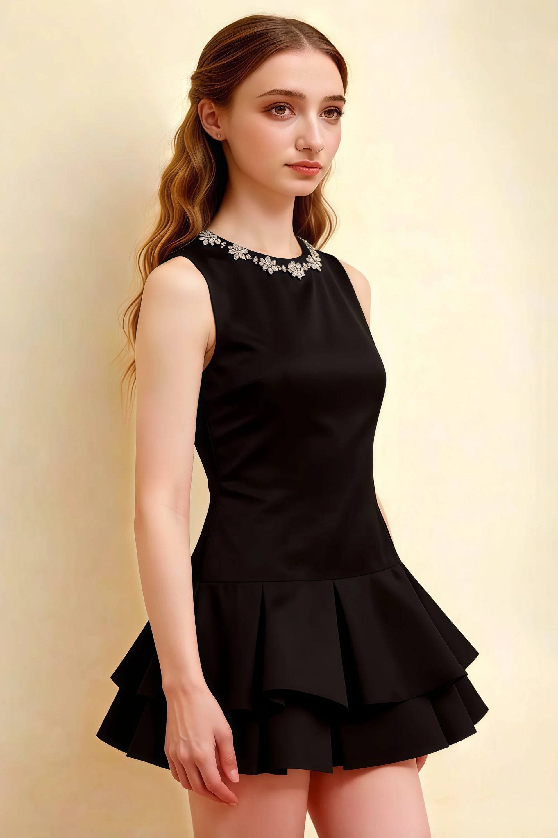 Camille Black Sleeveless Rhinestone Mini Dress with Ruffles