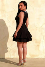 Camille Black Sleeveless Rhinestone Mini Dress with Ruffles