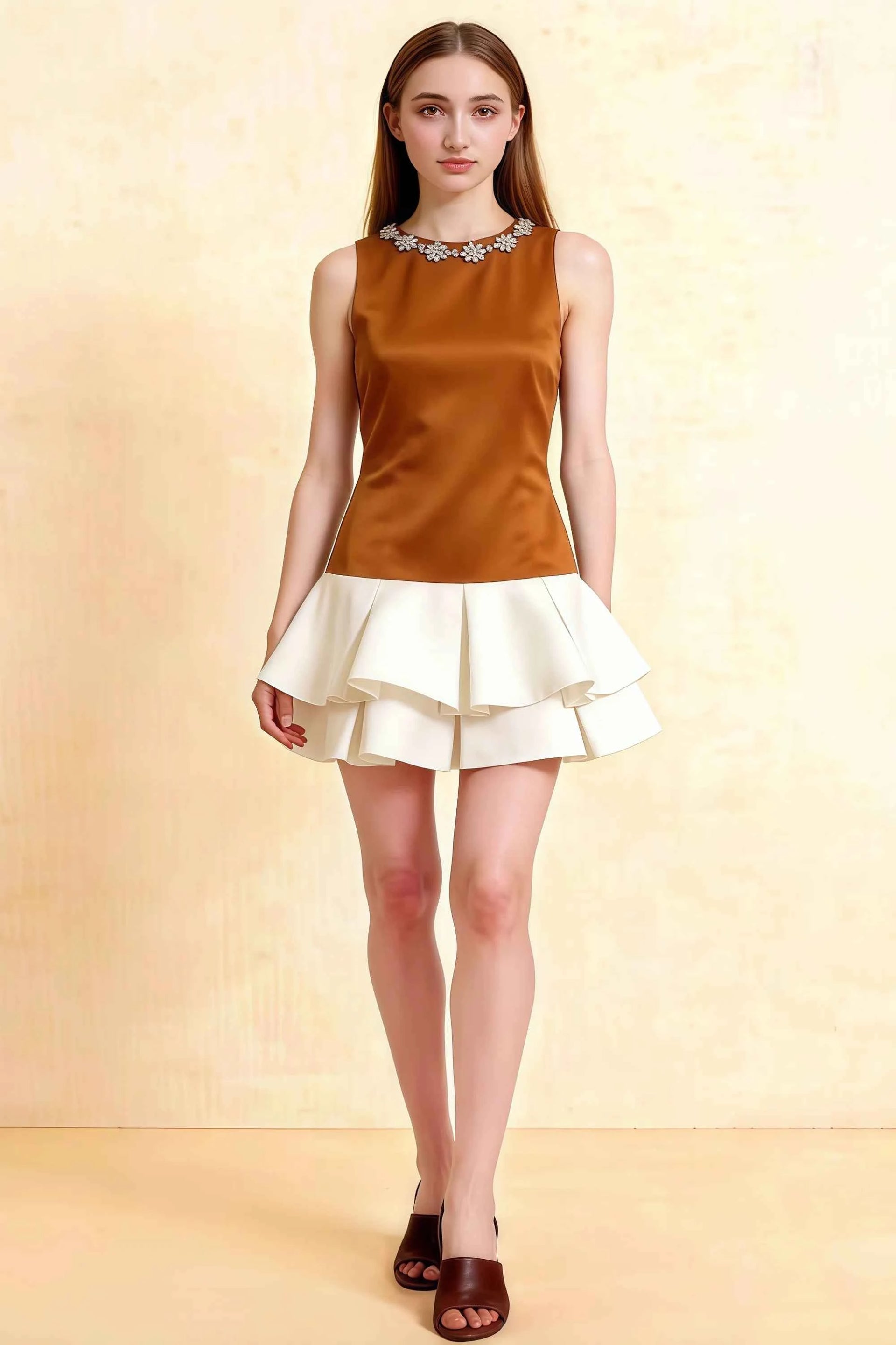 Camille Bronze and White Sleeveless Rhinestone Mini Dress with Ruffles