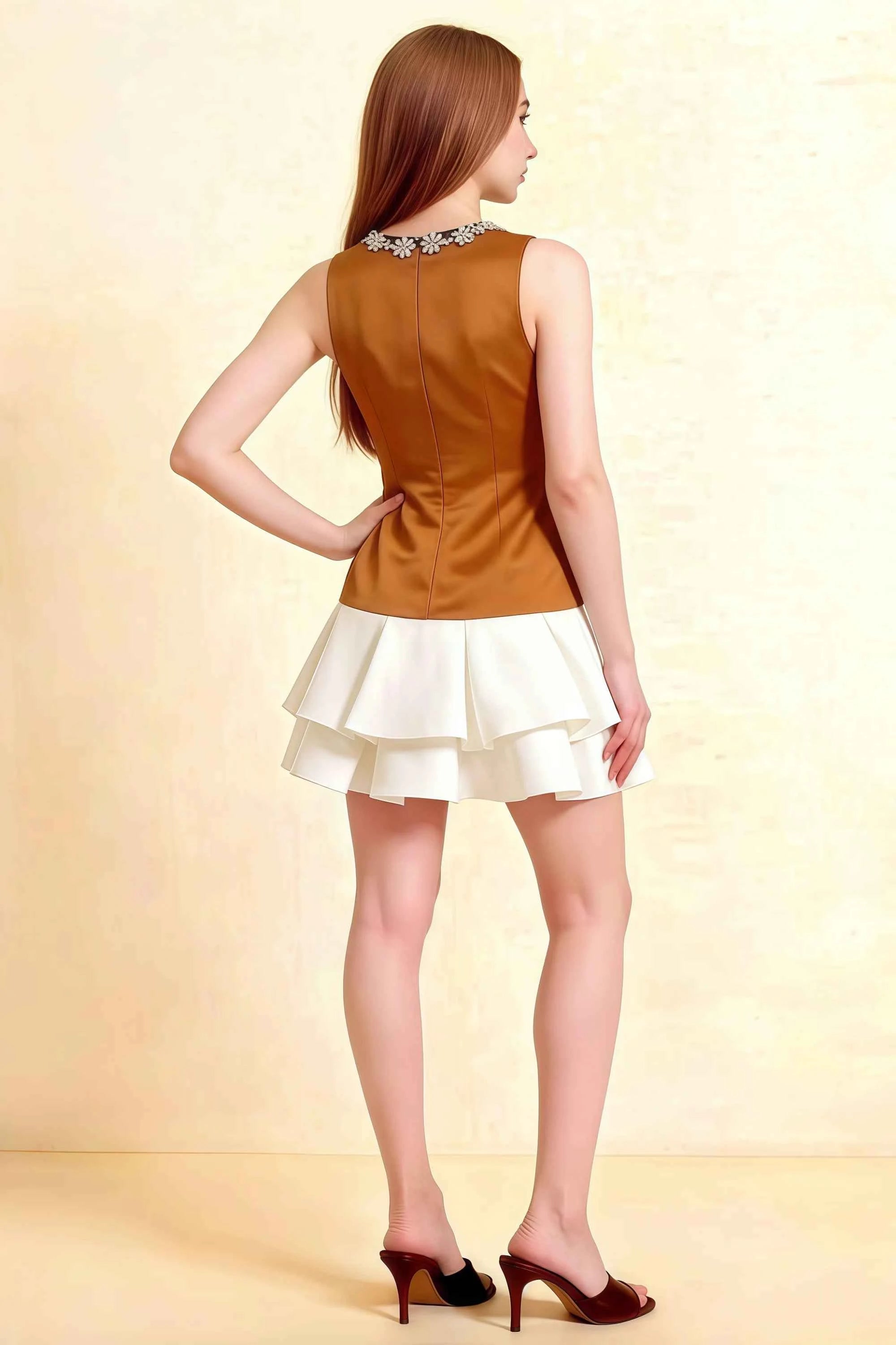 Camille Bronze and White Sleeveless Rhinestone Mini Dress with Ruffles Imagen secundaria del producto