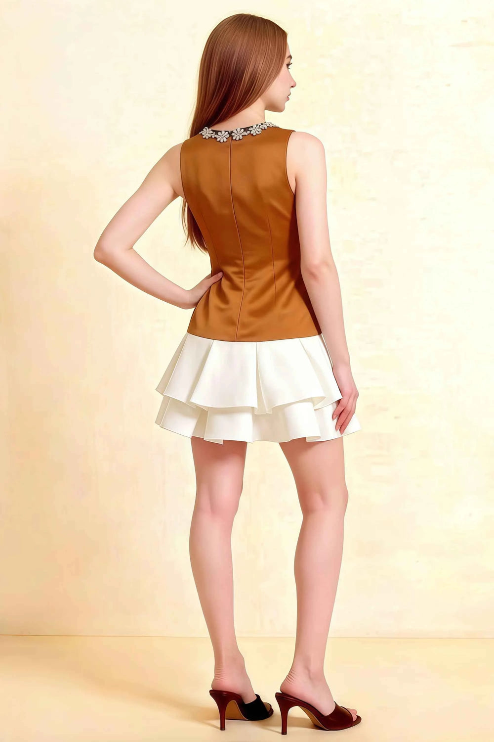 Translation missing: en.LVLVS Camille Bronze and White Sleeveless Rhinestone Mini Dress Full Body Front View | Casual Brunch Day Party Going Out with Ruffles content.product_image_secondary