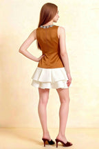Camille Bronze and White Sleeveless Rhinestone Mini Dress with Ruffles