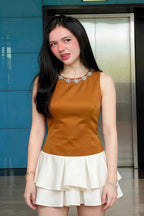 Camille Bronze and White Sleeveless Rhinestone Mini Dress with Ruffles