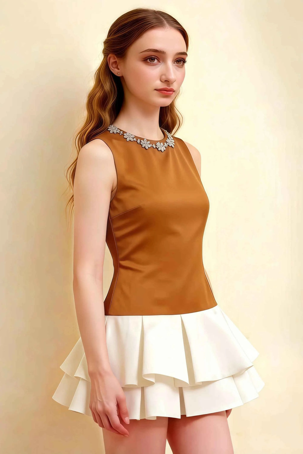 Camille Bronze and White Sleeveless Rhinestone Mini Dress with Ruffles
