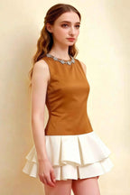 Camille Bronze and White Sleeveless Rhinestone Mini Dress with Ruffles