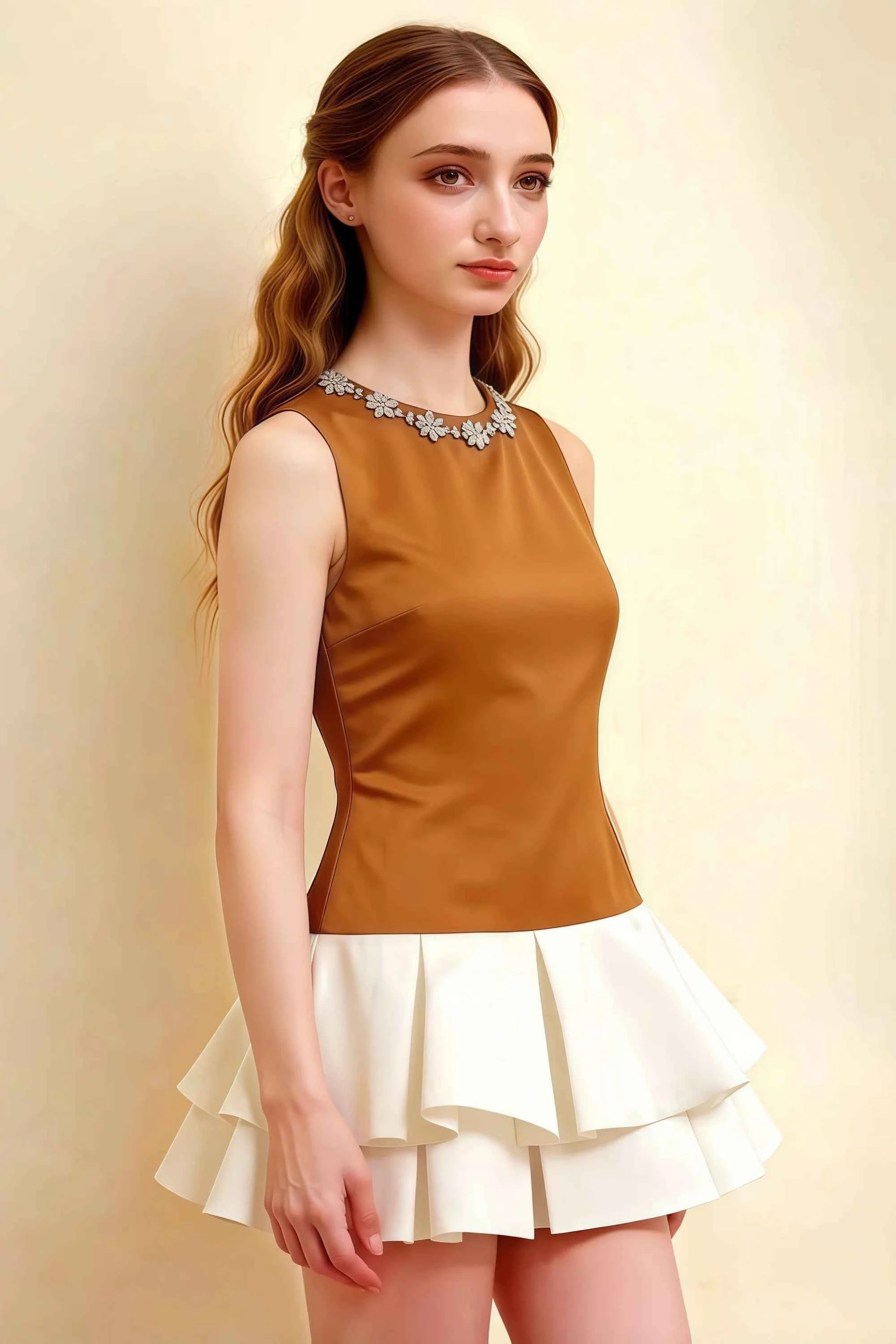 Camille Bronze and White Sleeveless Rhinestone Mini Dress with Ruffles