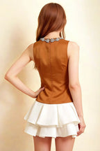 Camille Bronze and White Sleeveless Rhinestone Mini Dress with Ruffles