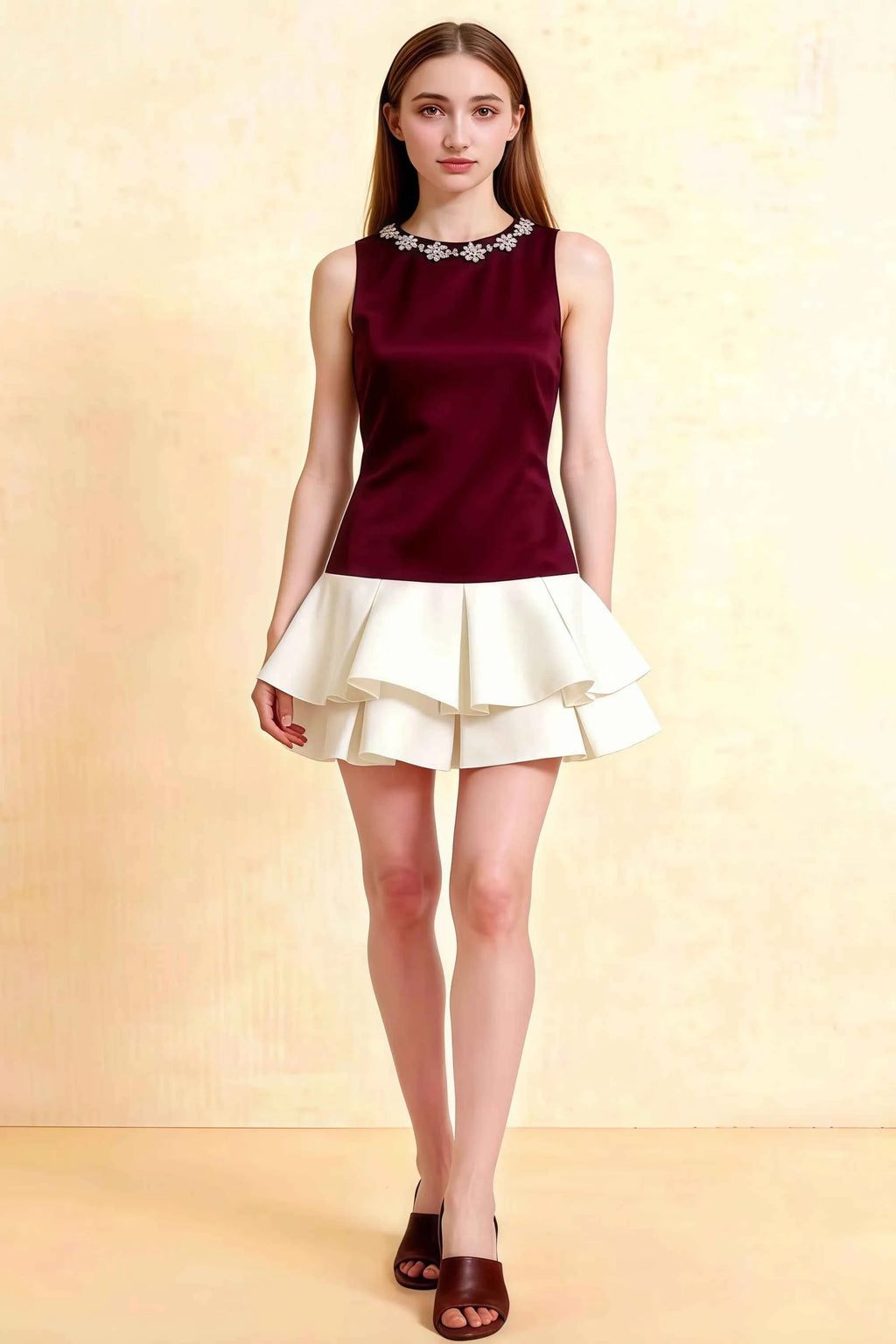 Camille Burgundy and White Sleeveless Rhinestone Mini Dress with Ruffles