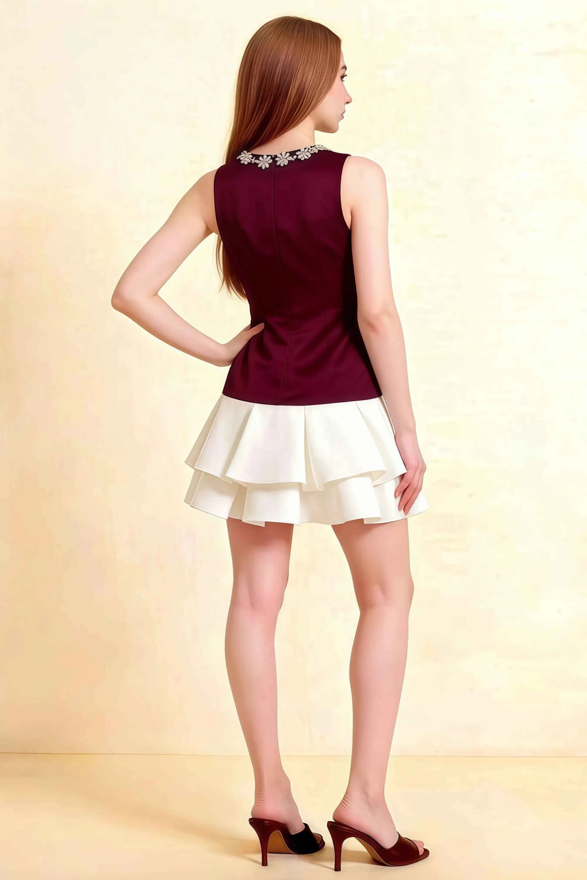 Camille Burgundy and White Sleeveless Rhinestone Mini Dress with Ruffles Imagen secundaria del producto