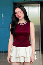 Camille Burgundy and White Sleeveless Rhinestone Mini Dress with Ruffles