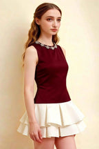 Camille Burgundy and White Sleeveless Rhinestone Mini Dress with Ruffles