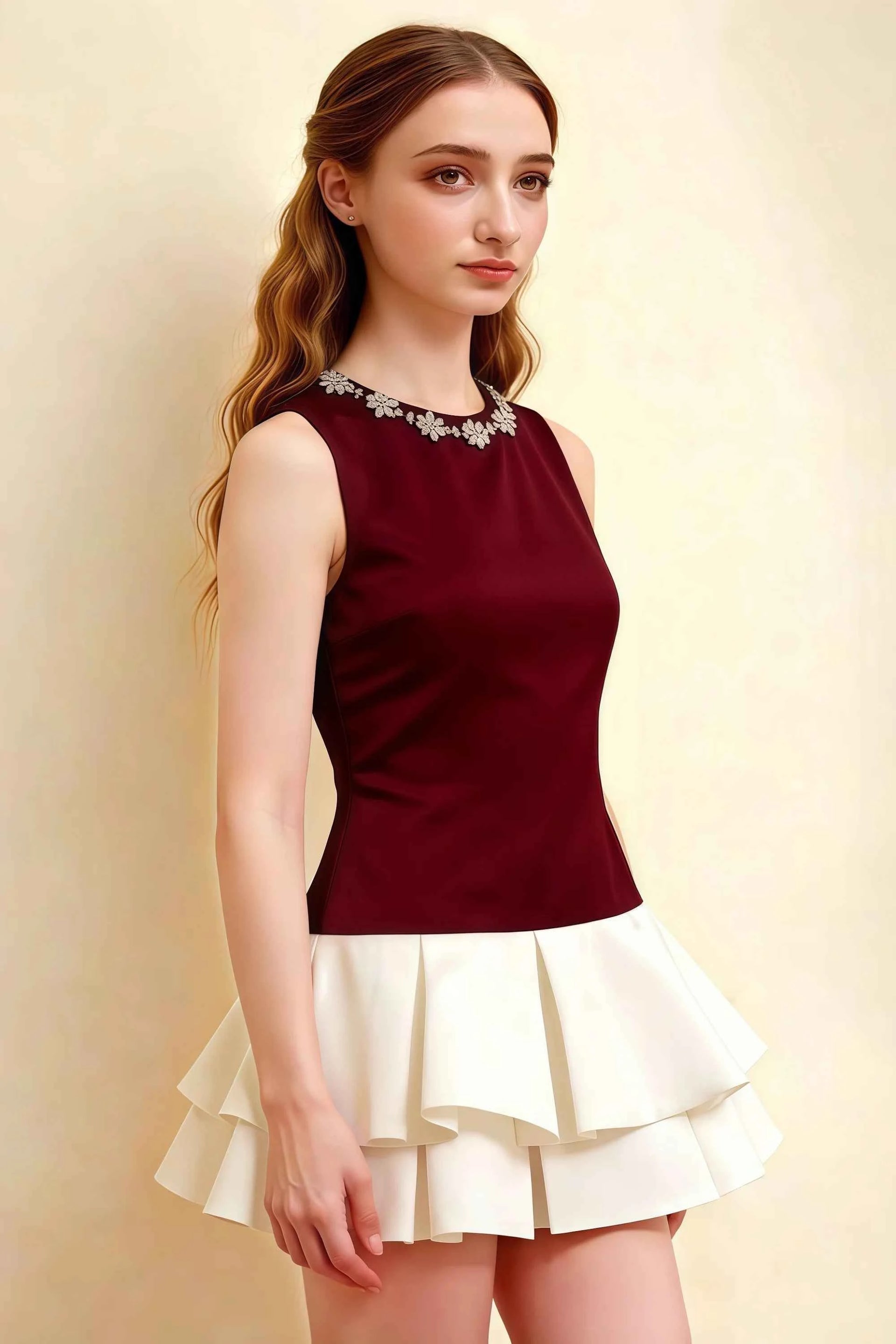 Camille Burgundy and White Sleeveless Rhinestone Mini Dress with Ruffles