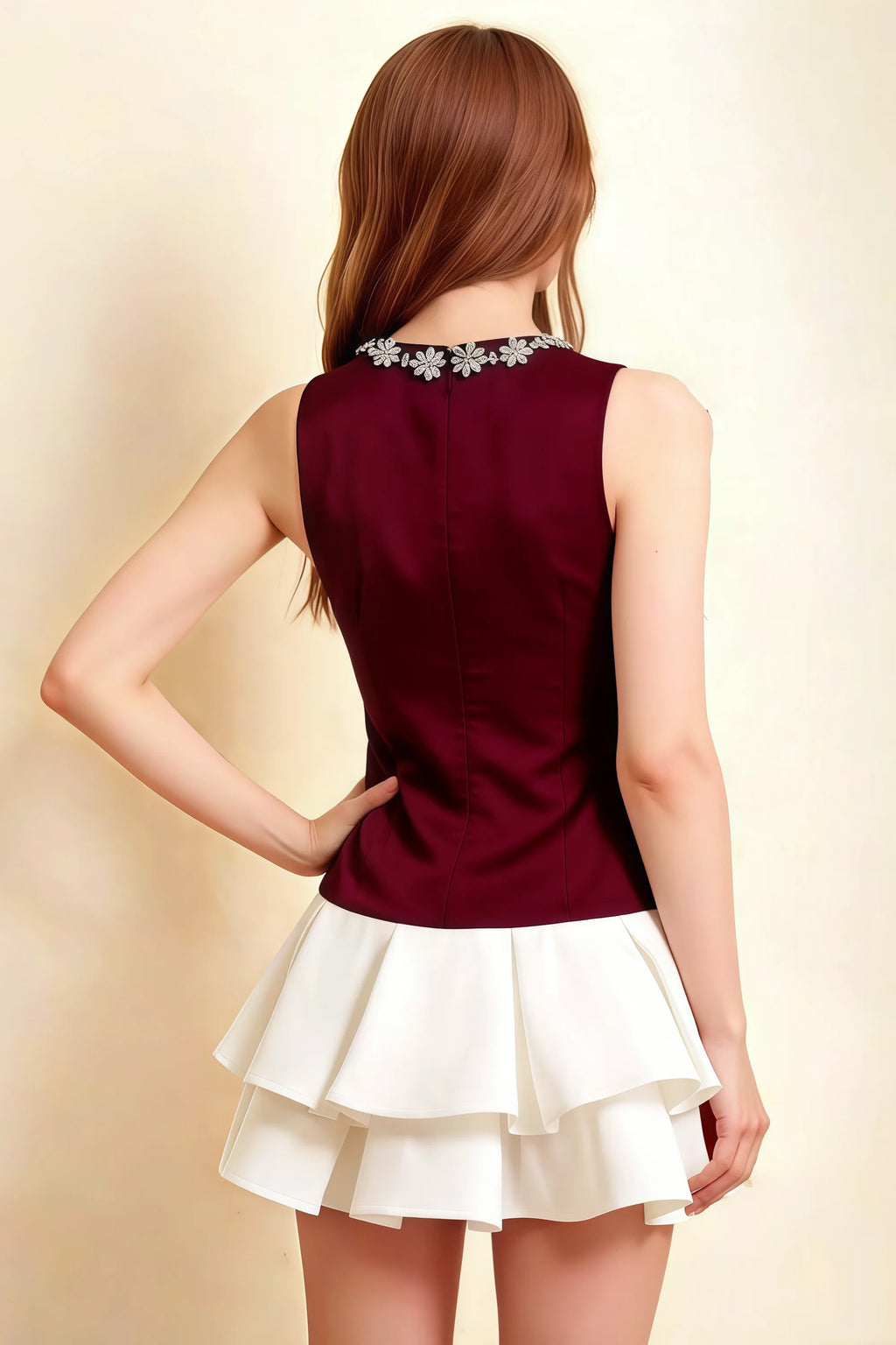Camille Burgundy and White Sleeveless Rhinestone Mini Dress with Ruffles