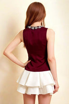 Camille Burgundy and White Sleeveless Rhinestone Mini Dress with Ruffles