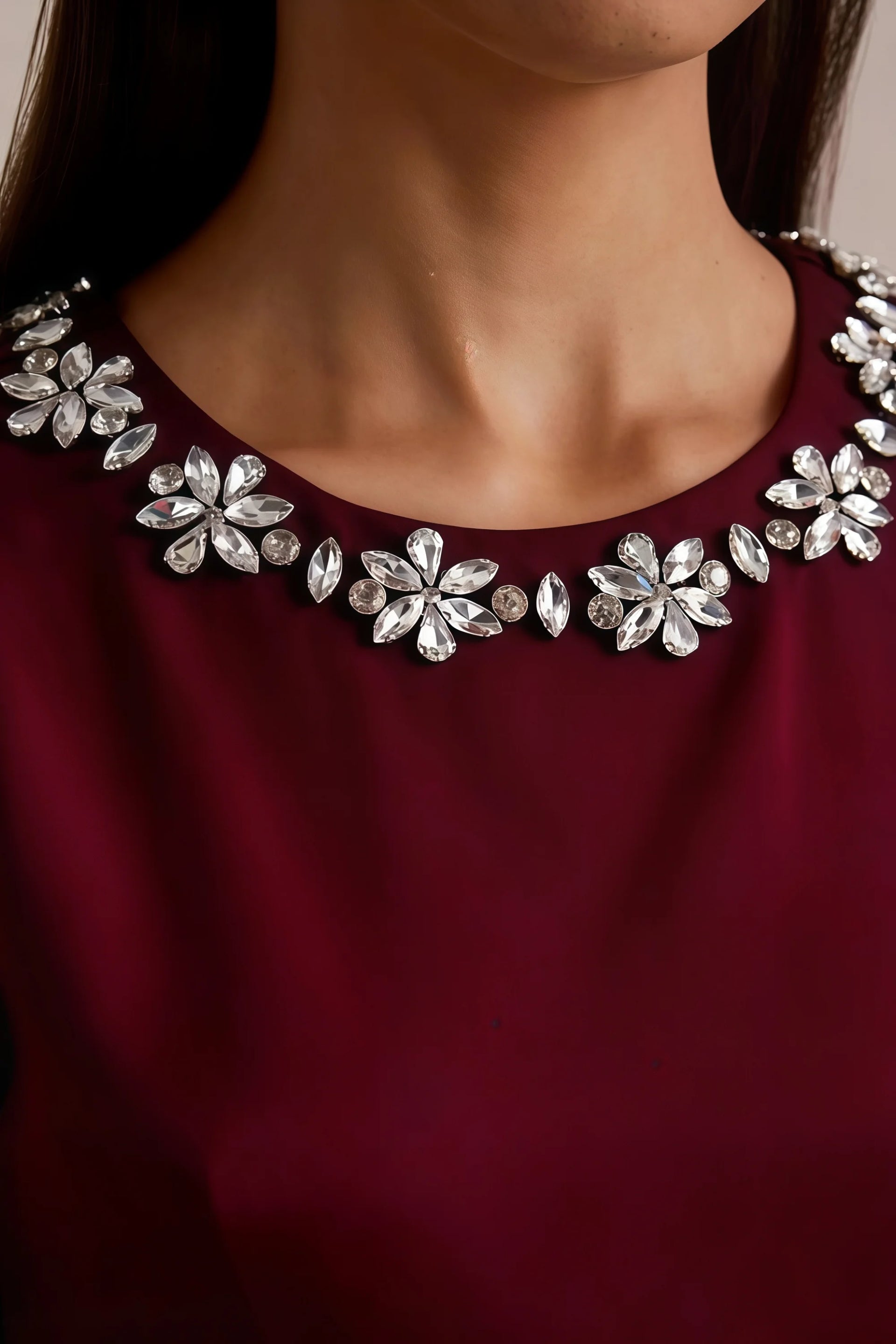 Camille Burgundy and White Sleeveless Rhinestone Mini Dress with Ruffles