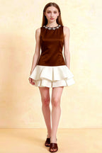 Camille Chocolate and White Sleeveless Rhinestone Mini Dress with Ruffles